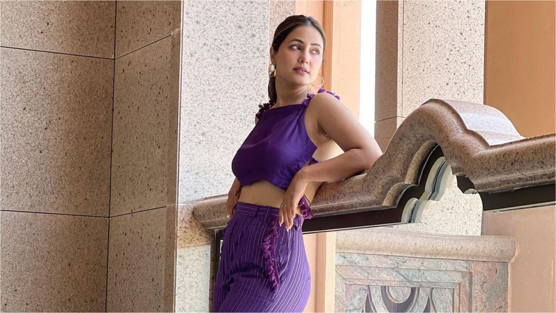 hina khan raises temperature high in backless purple crop top