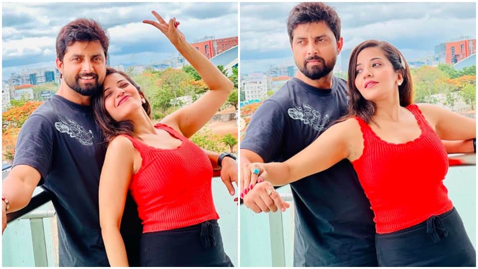 monalisa photoshoot wreaks havoc in red colour dress with husband vikrant 