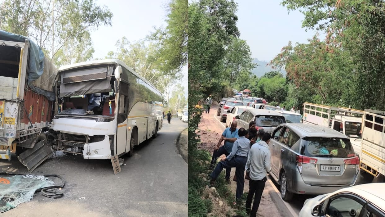 Volvo bus truck collision in Bilaspur traffic jam on chandigarh manali national highway