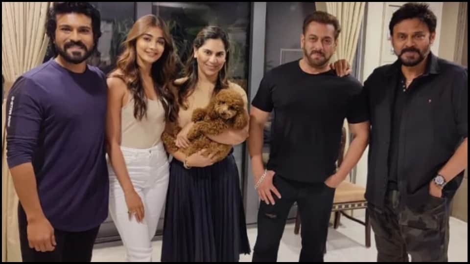 Kabhi eid kabhi diwali Salman Khan having dinner with Ram Charan Pooja Hegde and Venkatesh Daggubati at RRR Actor house