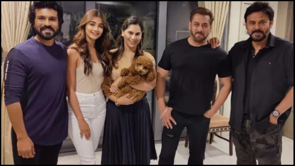 Kabhi eid kabhi diwali Salman Khan having dinner with Ram Charan Pooja Hegde and Venkatesh Daggubati at RRR Actor house