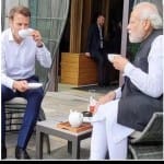फ्रांस के राष्ट्रपति मैक्रों के साथ चाय पीते पीएम मोदी (बाएं)। जी-7 में बाइडन से भी हुई भारतीय प्रधानमंत्री की मुलाकात।