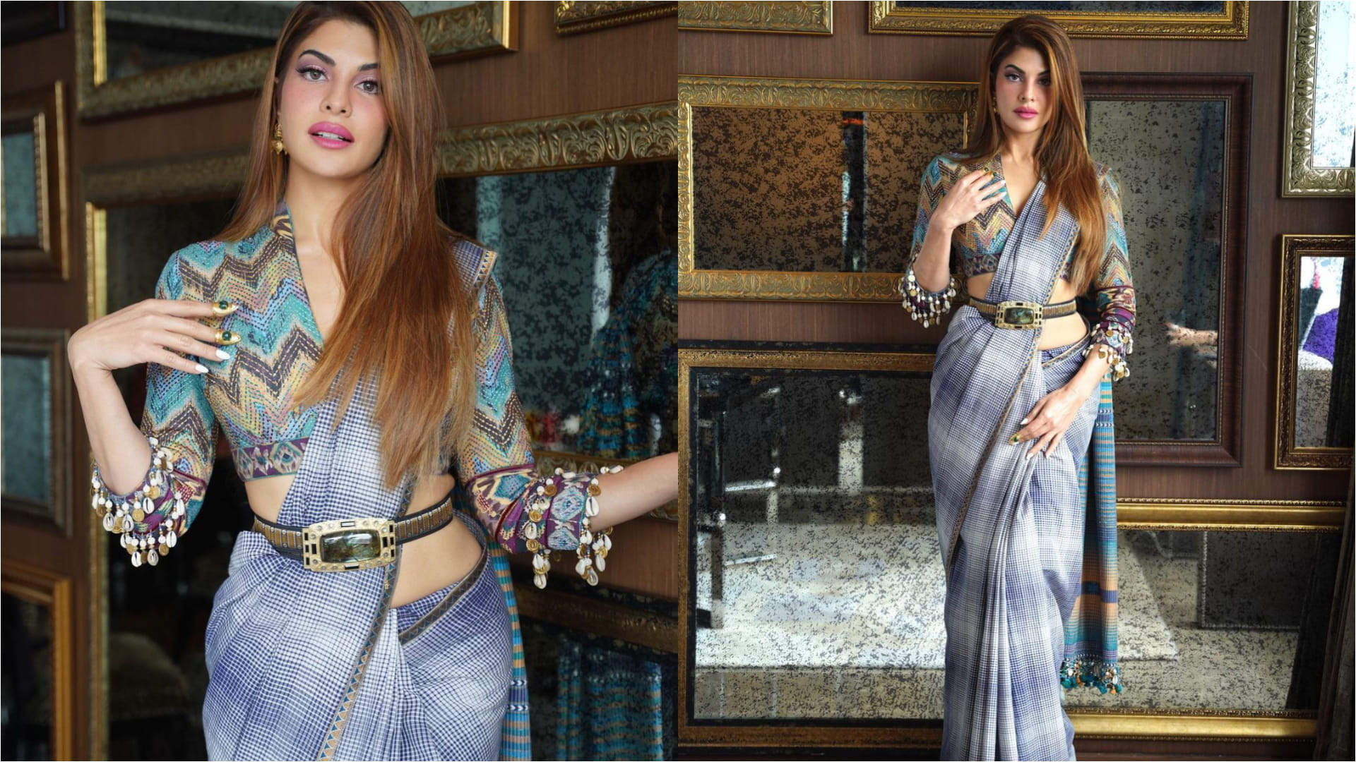 jacqueline fernandez style game in gingham print saree with boho style blouse chic look for movie launch