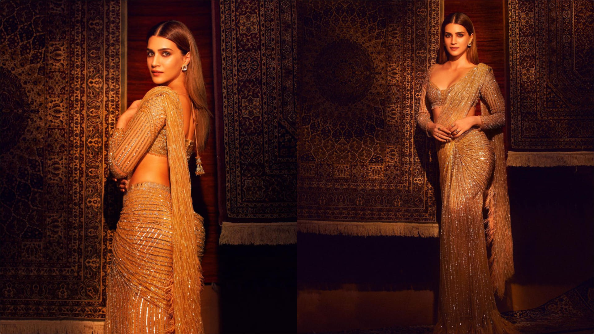 kriti sanon wear golden saree with deep neck blouse flaunts curves in umang 2022