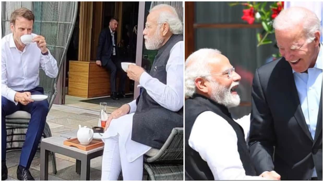PM Modi was seen having tea with French President Macron and laughing with Joe Biden at G-7 summit PM Modi in G-7 Summit news in hindi