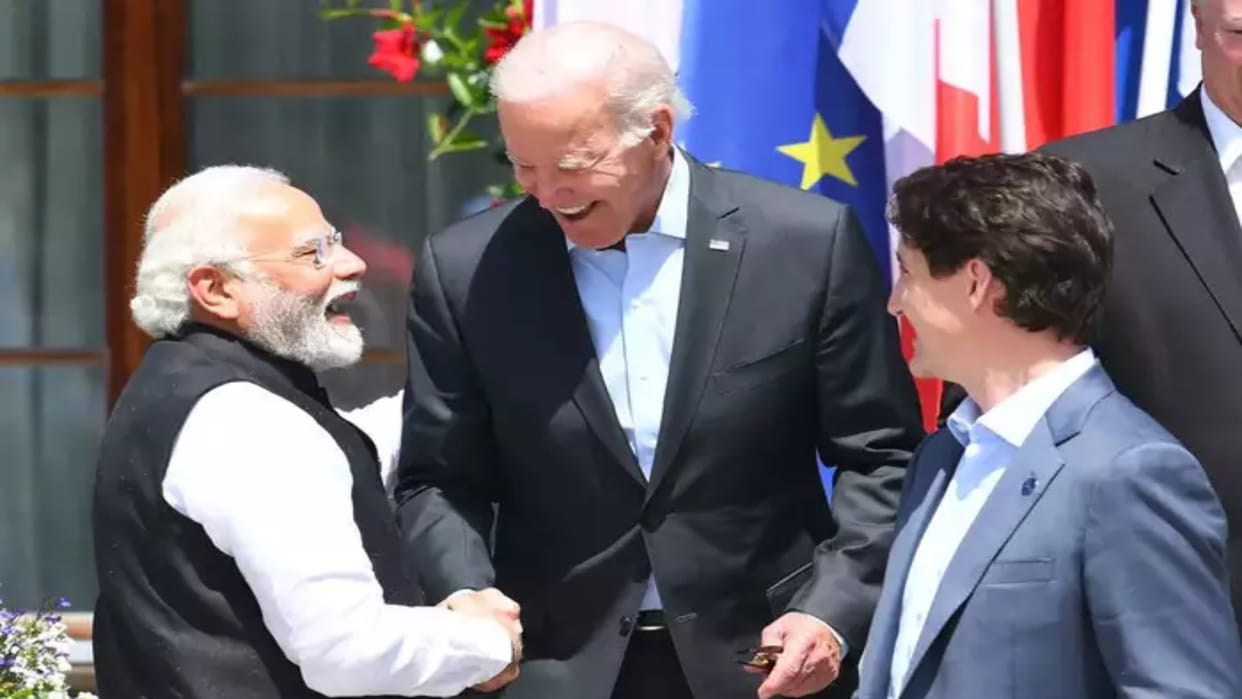 G7 Summit US President ran to meet PM Modi put his hand on his shoulder video viral