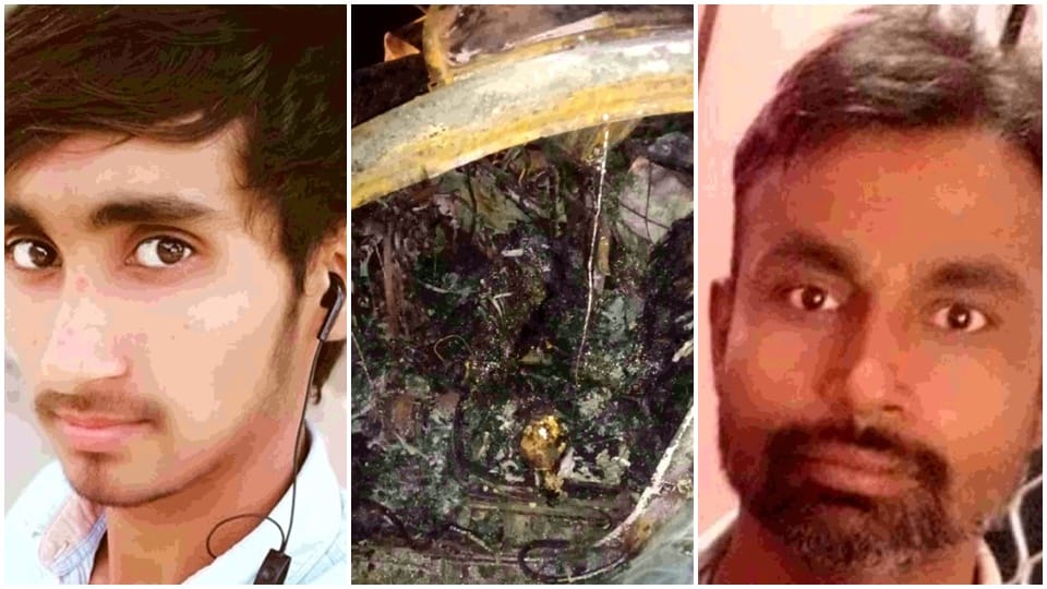 fire in a car stuck between two trucks on kmp two youths burnt alive