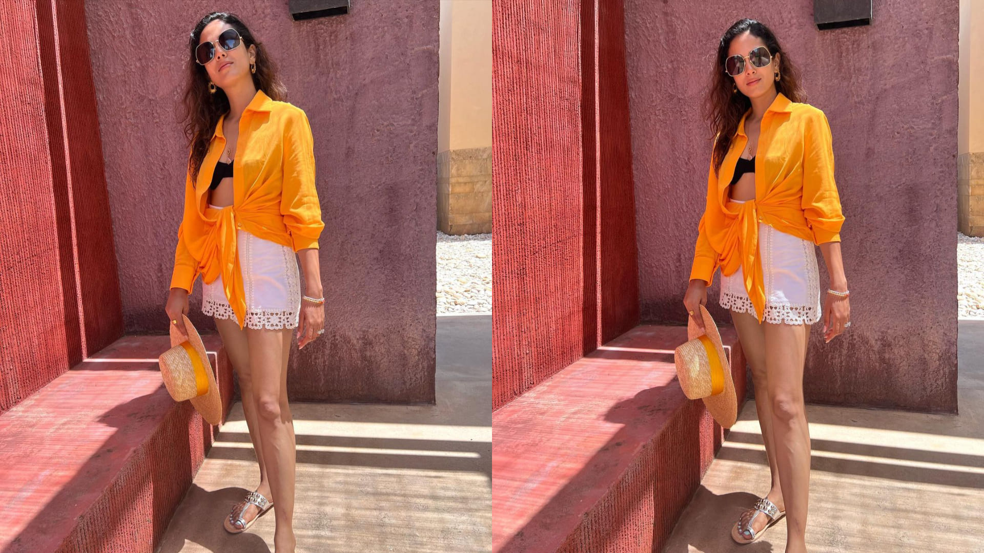 mira kapoor beach vacation look in white lace dress with black bralette pair with orange shirt