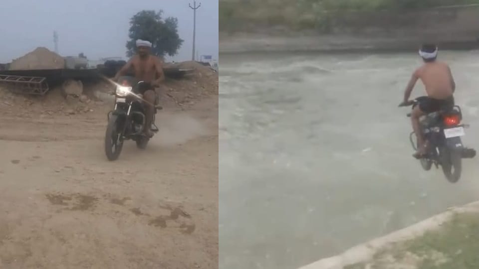 video of young man doing stunts with bike in Delhi Parallel Canal is viral 