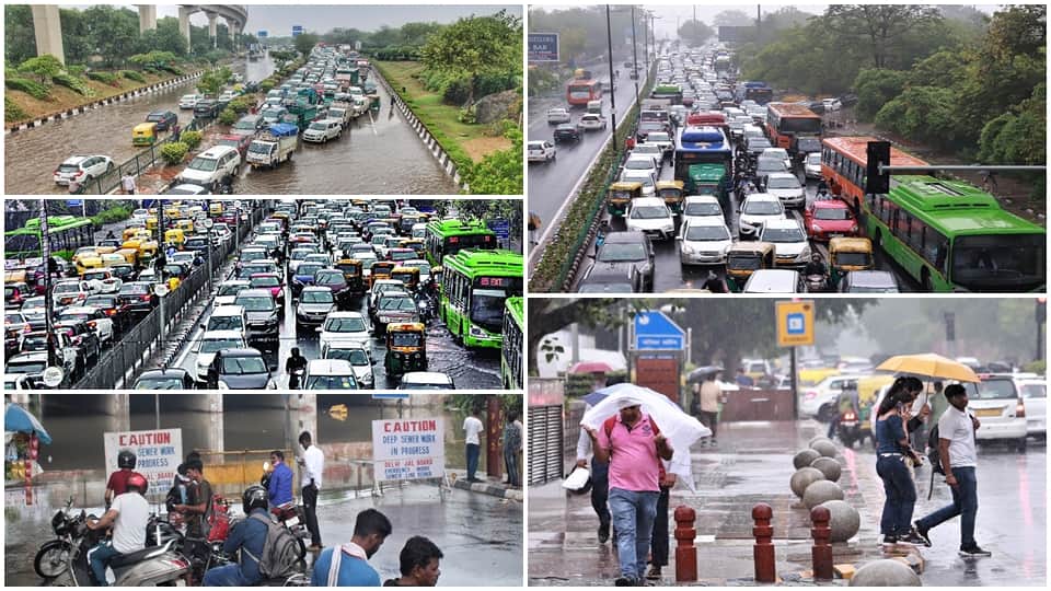delhi rains cause heavy jams waterlogging in several areas