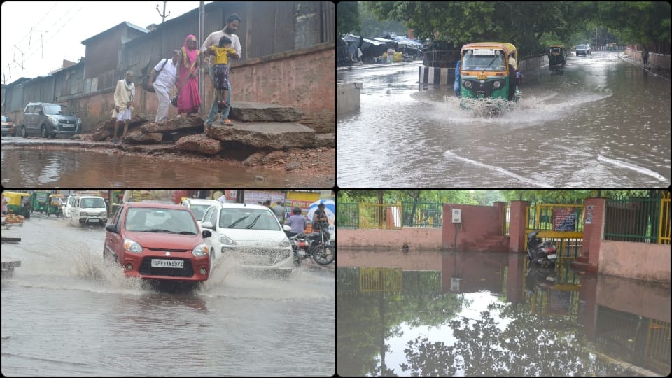 Water logging on roads in agra after drizzling rain