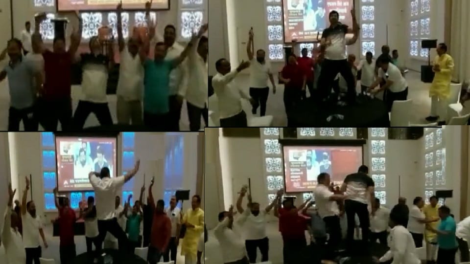 Rebel MLAs dance in Goa hotel lobby as their leader eknath shinde becomes Maharashtra CM