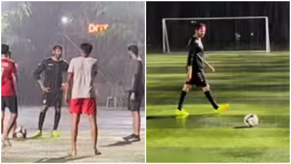 kartik aaryan was seen playing football in heavy rain video viral