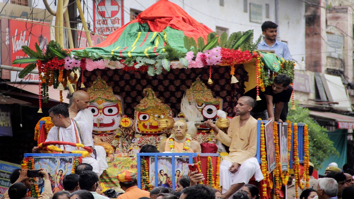 Jagannath Rath Yatra: Lord Jagannath mounted on Nandighosh's chariot, inundated for darshan