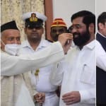 एकनाथ शिंदे व देवेंद्र फडणवीस को मिठाई खिलाते राज्यपाल