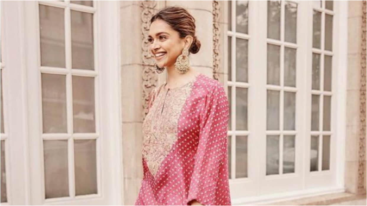 deepika padukone shows desi roots in pink printed kurta with heavy earrings