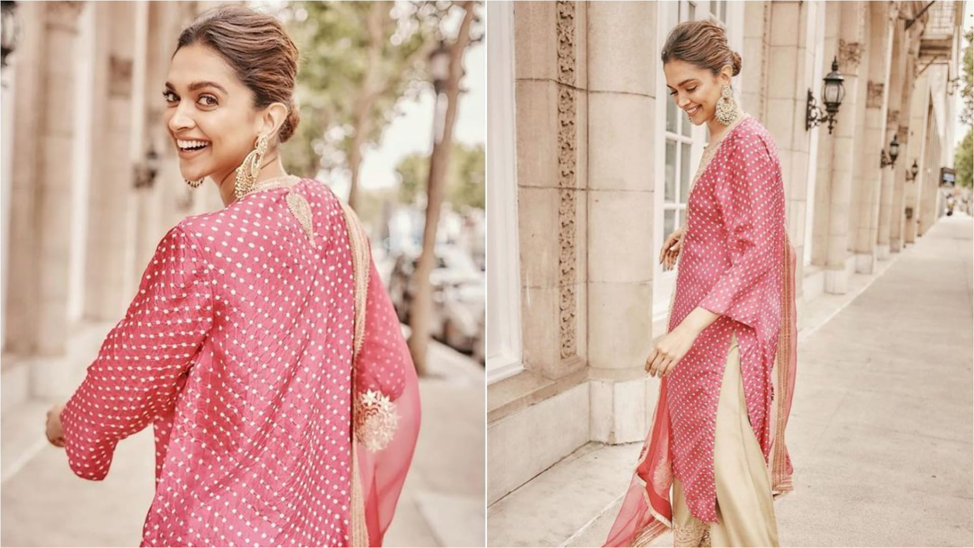 deepika padukone shows desi roots in pink printed kurta with heavy earrings