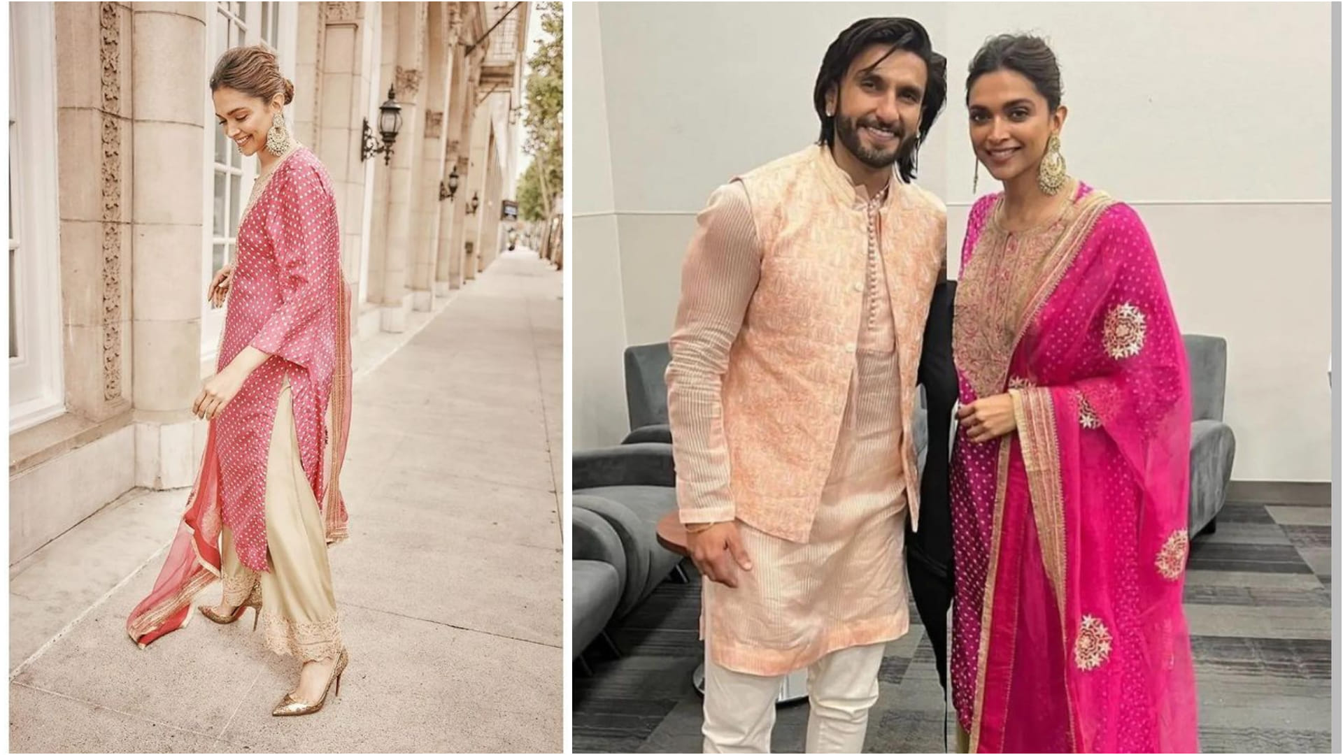 deepika padukone shows desi roots in pink printed kurta with heavy earrings