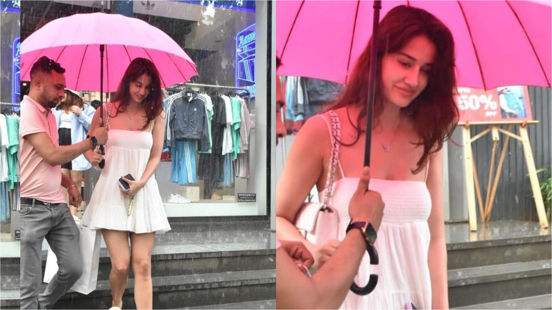 disha patani went for shopping in style wearing white mini frock in rain