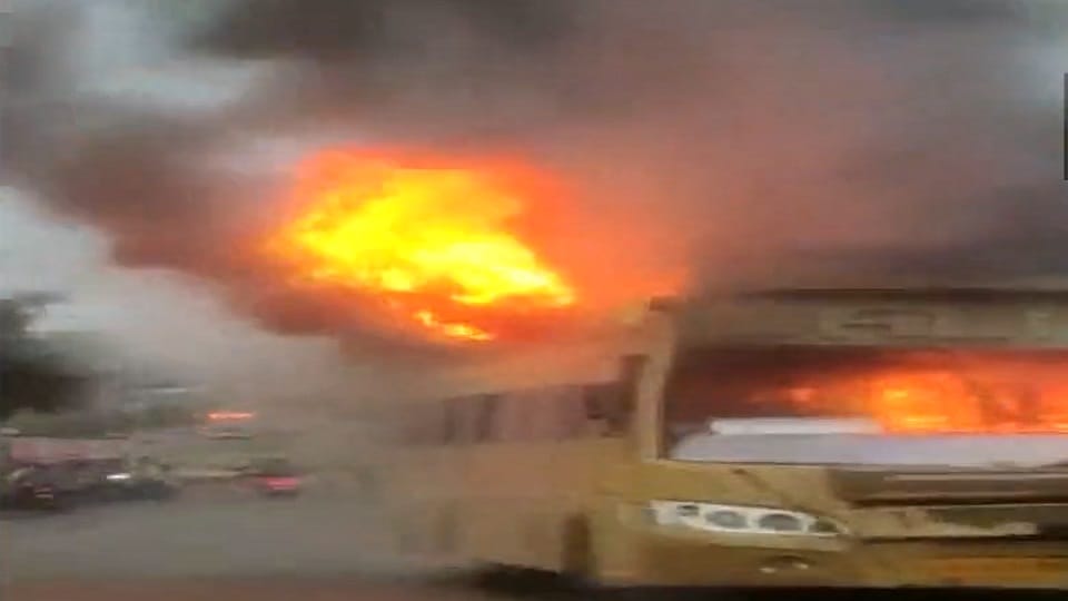Bus caught fire near Baramunda overbridge near Baramunda bus stand in Bhubaneswar