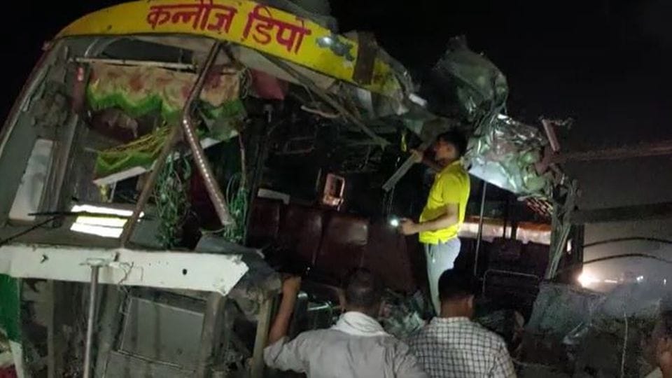 Kannauj depot bus collided with roadways bus parked on road side in Etah