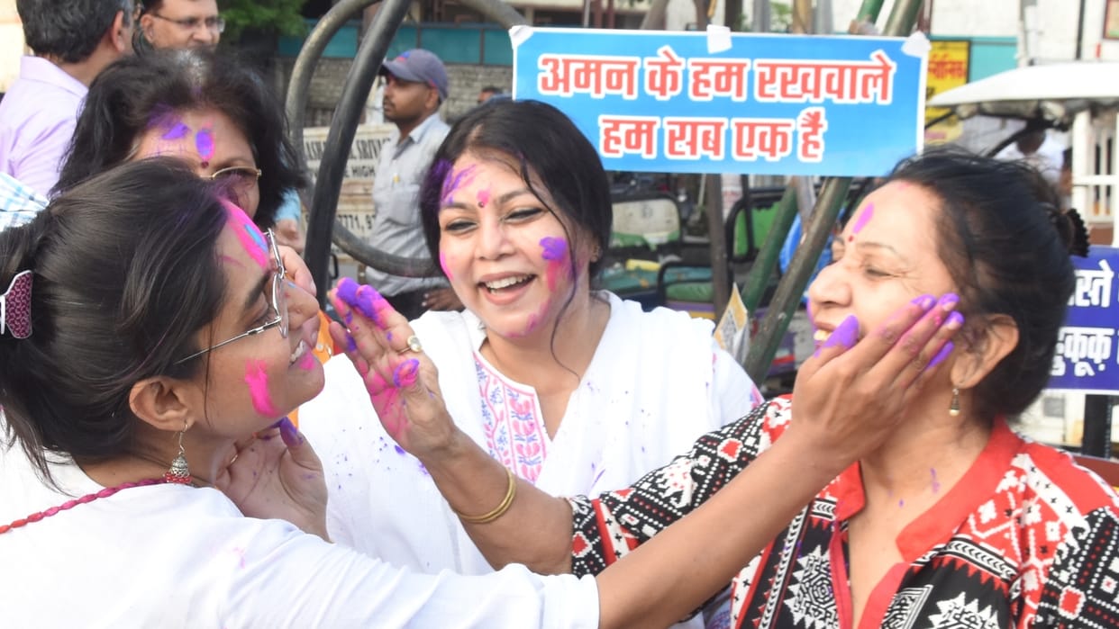 People celebrate the victory of 1857 in a programme in Lucknow.