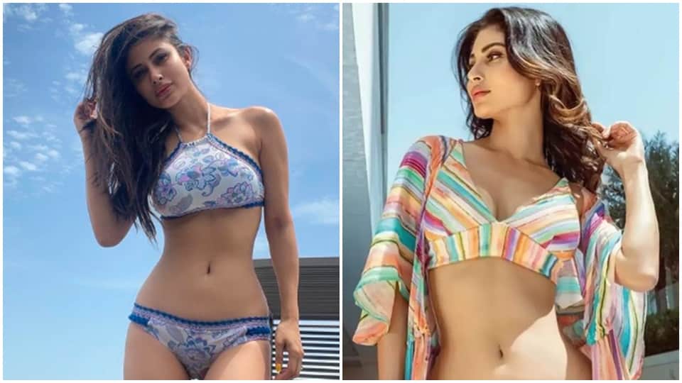 mouni roy bold photos in blue bikini pant and white bra top viral on social media