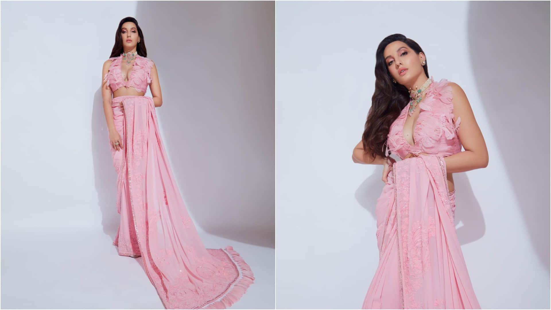 nora fatehi look stunning in ivory manish malhotra sheer fabric saree