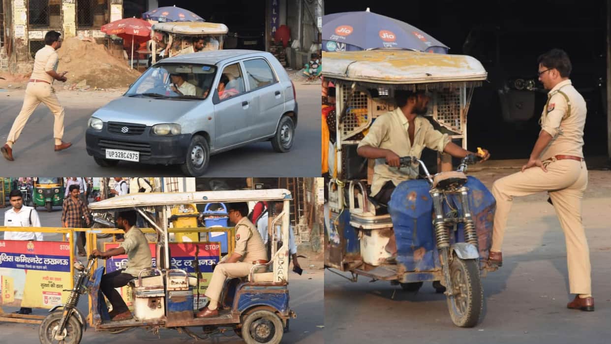 A police man takes action against an e rickshaw driver and leaves car.