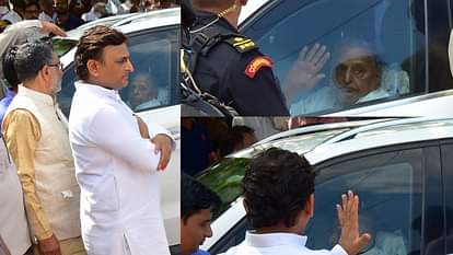 Akhilesh Yadav and Mulayam Singh Yadav in cremation of Sadhna Gupta.