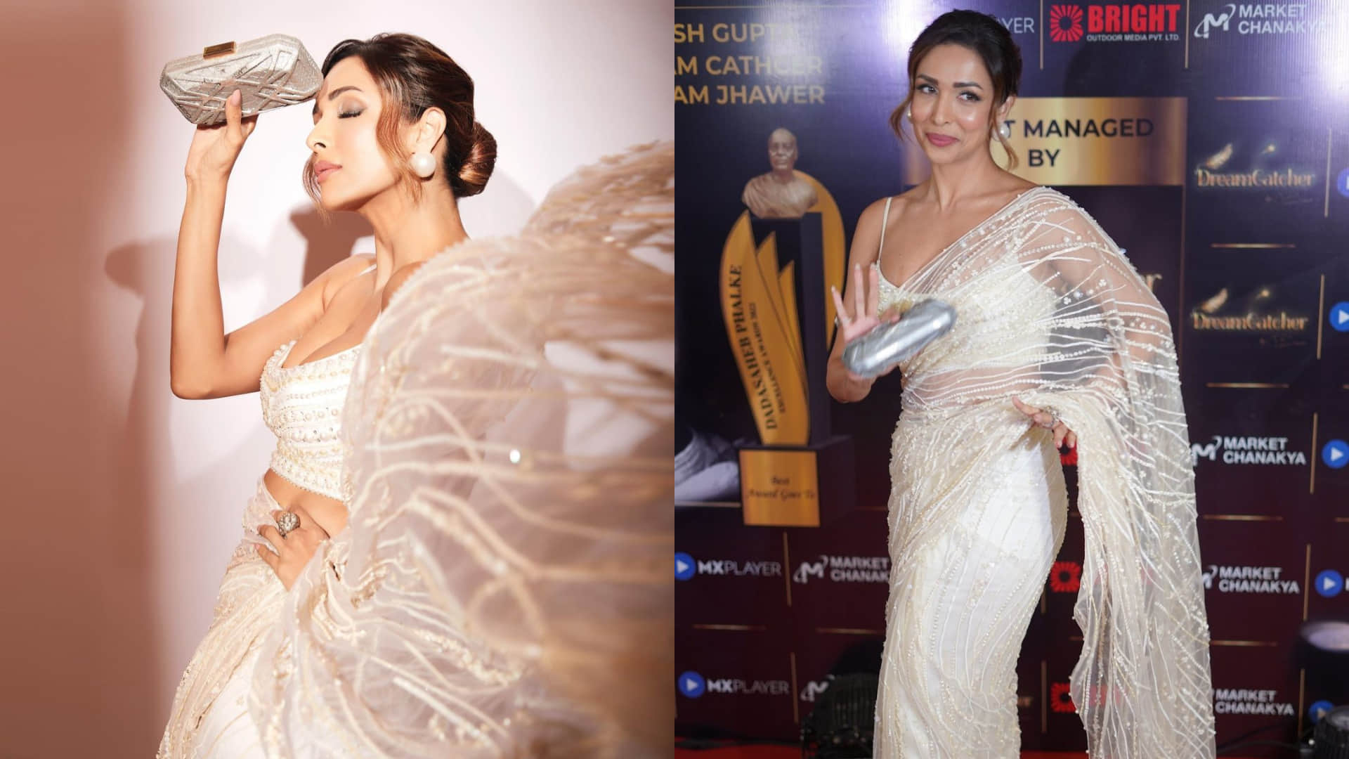 malaika arora looks stunning in white sheer saree for dadasaheb phalke excellence award