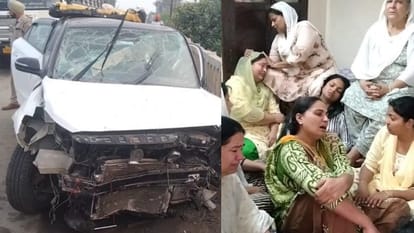 बटाला में सड़क हादसे में क्षतिग्रस्त कार और बिलखते परिजन।