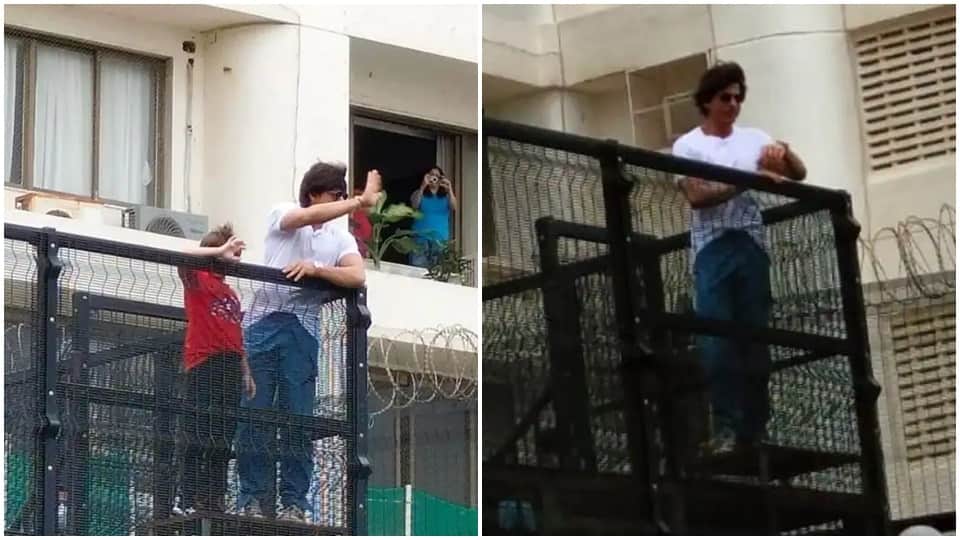 shahrukh  khan and abram khan greet his fans outside mannat on eid  al adha