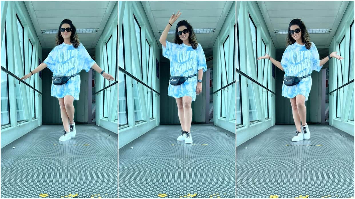 Bhojpuri actress akshara singh shares her photos in blue short dress from airport
