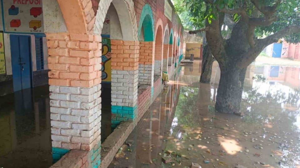Dirty water filled rooms of primary school during rainy days in village Kotla at Yamunanagar