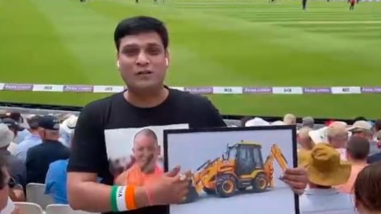 IND vs ENG Uttar Pradesh CM Yogi Adityanath fan viral during India vs England ODI match picture of bulldozer waved in Oval stadium