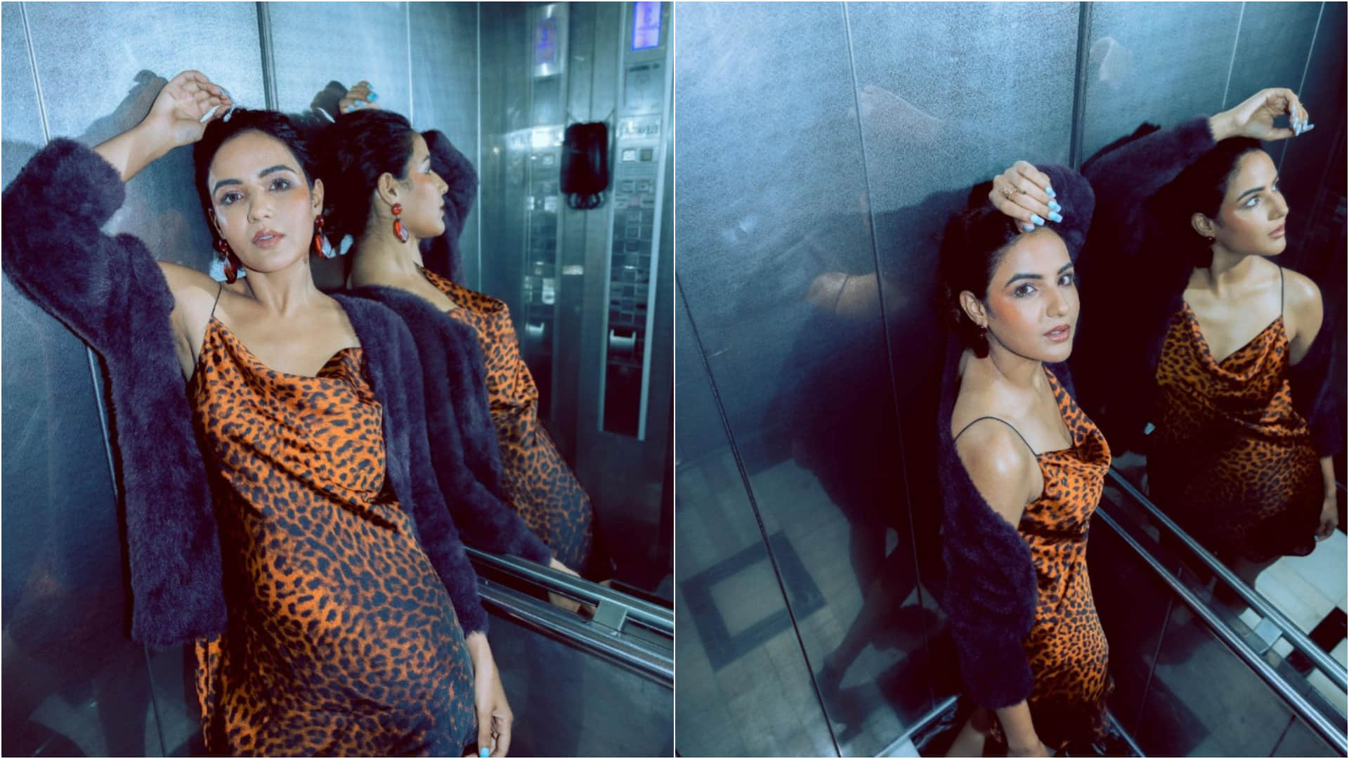jasmin bhasin latest photoshoot in animal print slip midi dress look glam