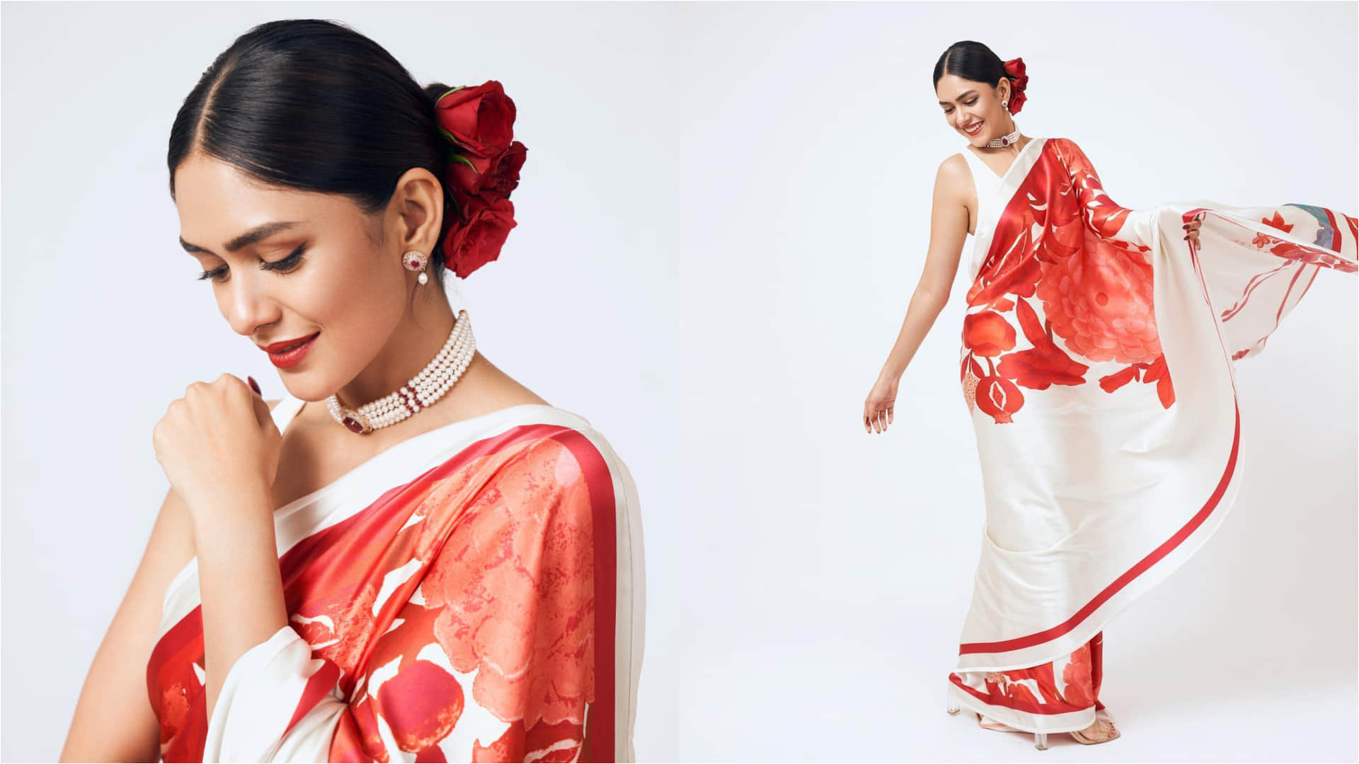 shahid kapoor heroine mrunal thakur white and red floral print saree look regel for new film promotion