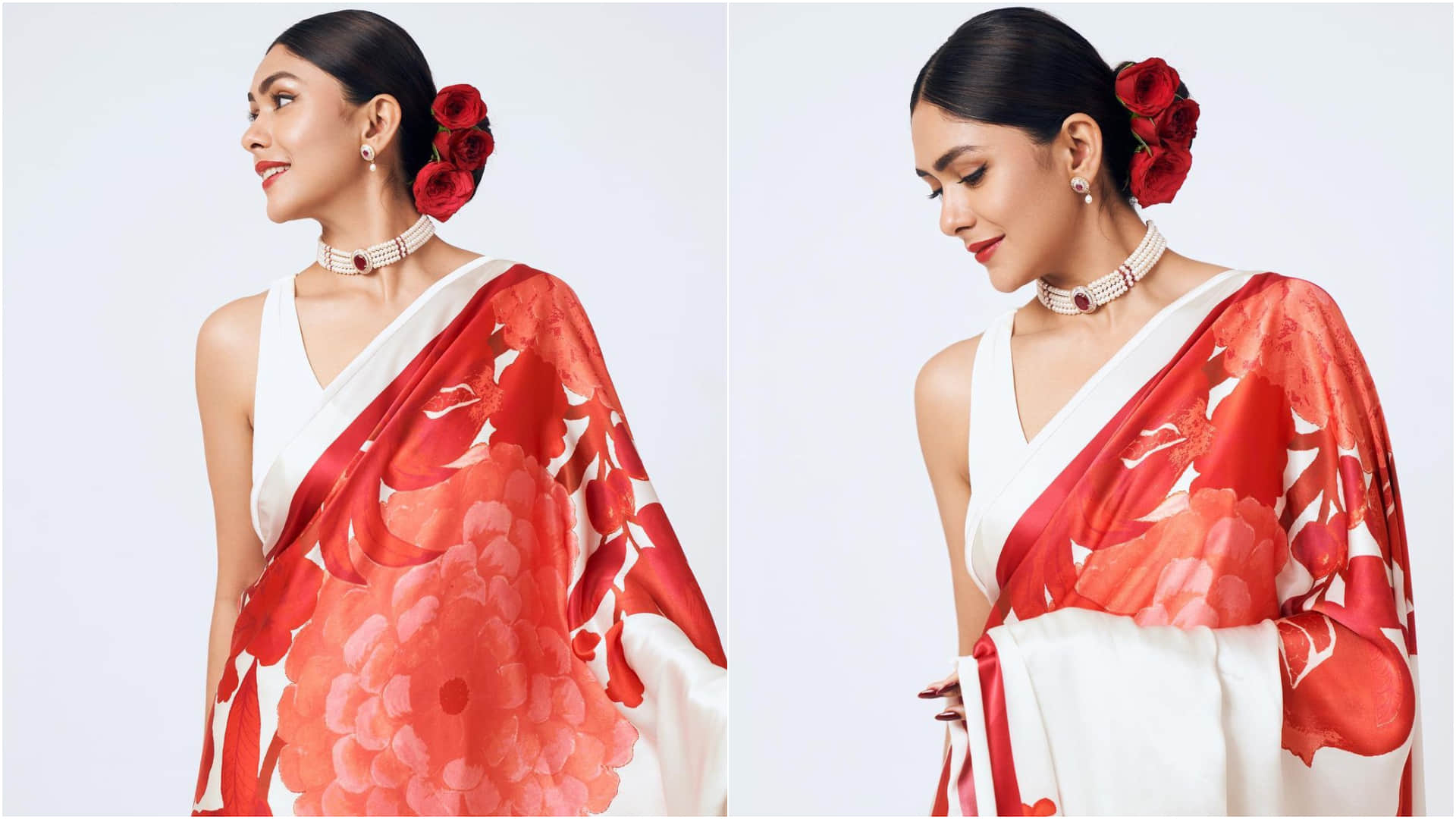 shahid kapoor heroine mrunal thakur white and red floral print saree look regel for new film promotion
