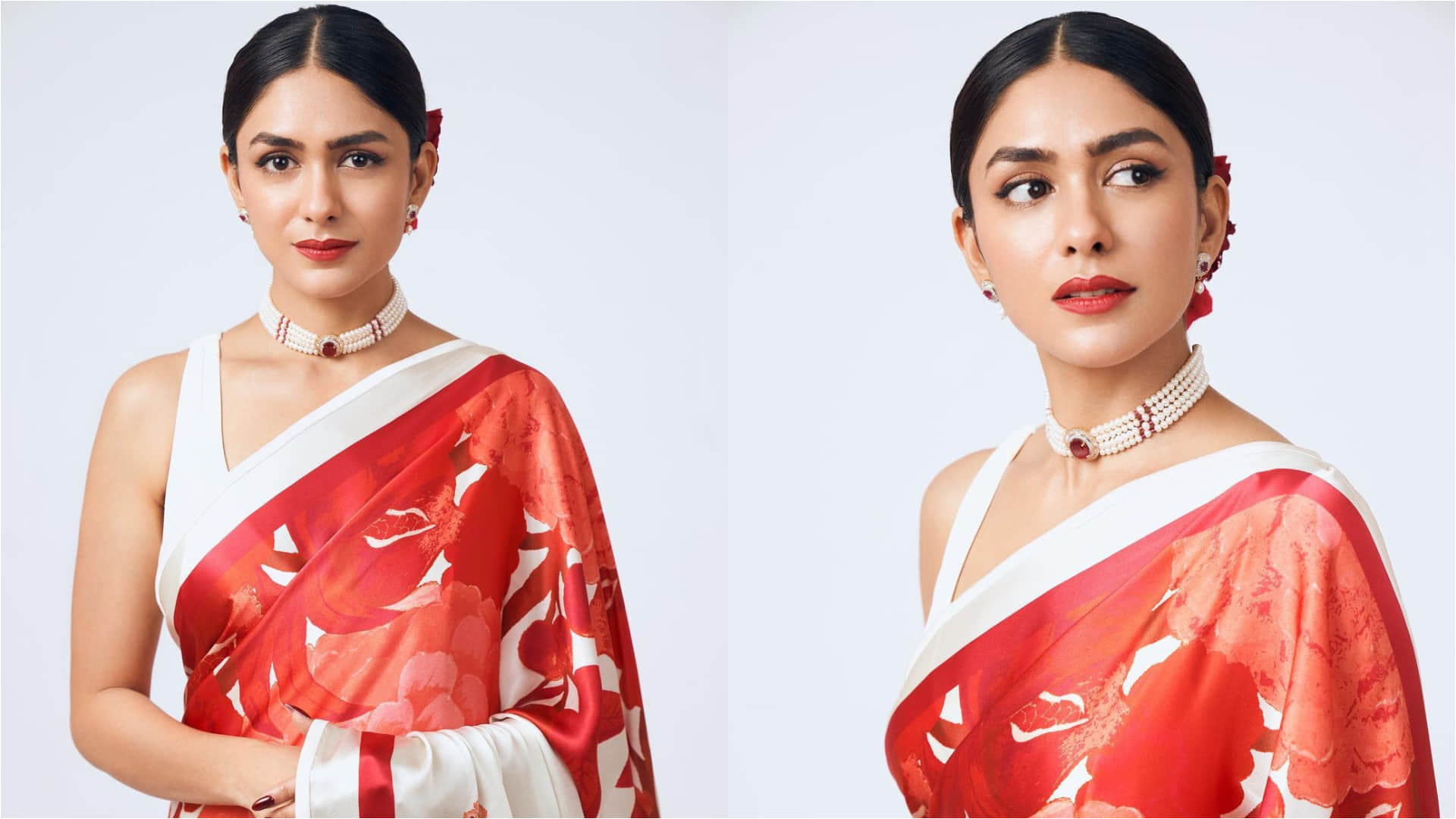 shahid kapoor heroine mrunal thakur white and red floral print saree look regel for new film promotion