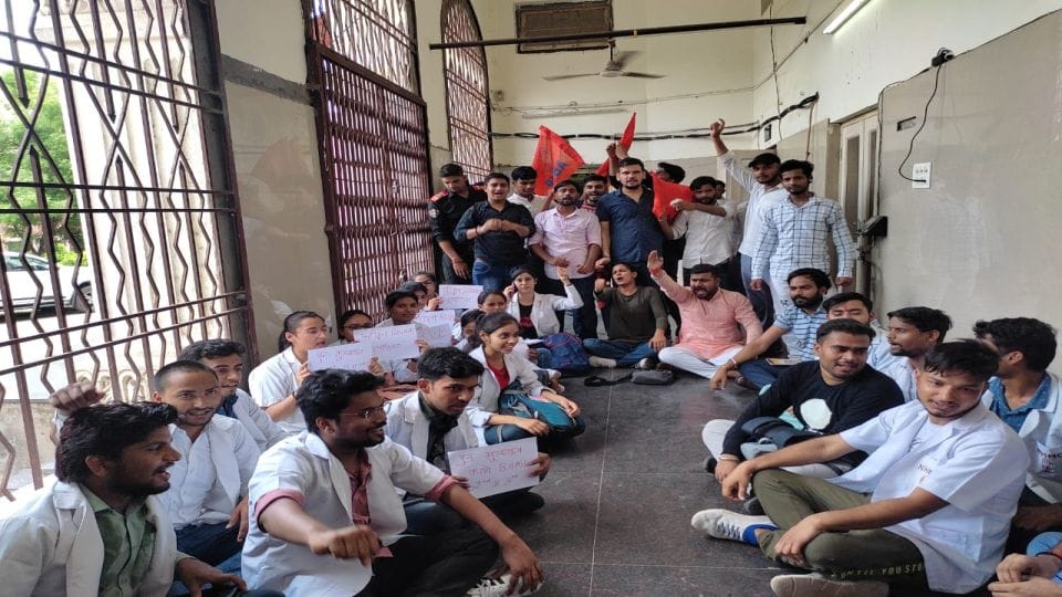 BHMS Students protest in University campus demand for re-evaluation in Agra