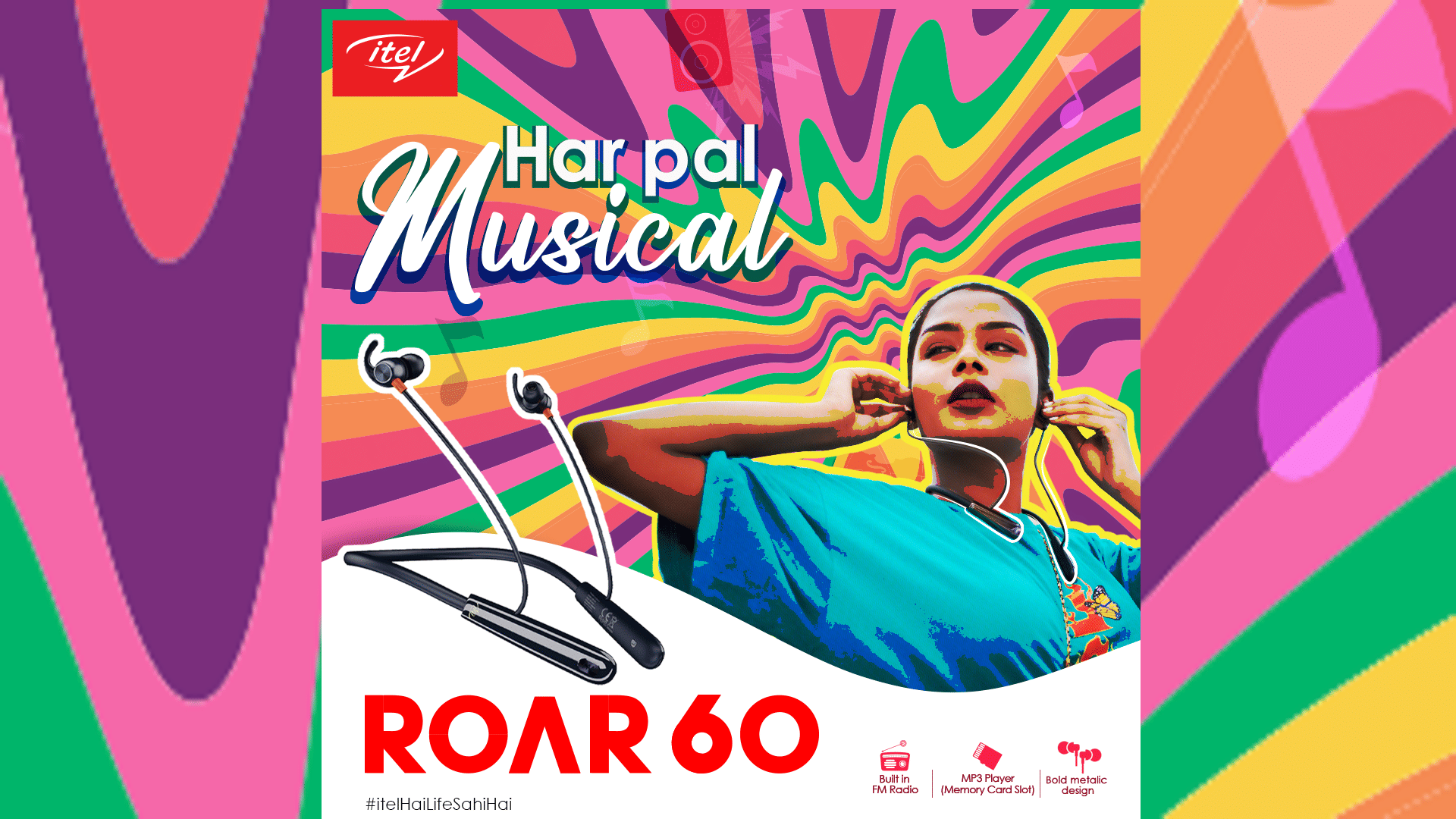 itel ROAR 60 Bluetooth neckband with integrated FM Mode and MP3 player