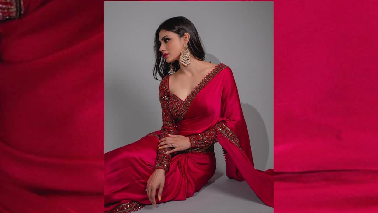 Mouni Roy Looks Gorgeous in Red Satin Saree Worth Rs 45500 See Latest Photos