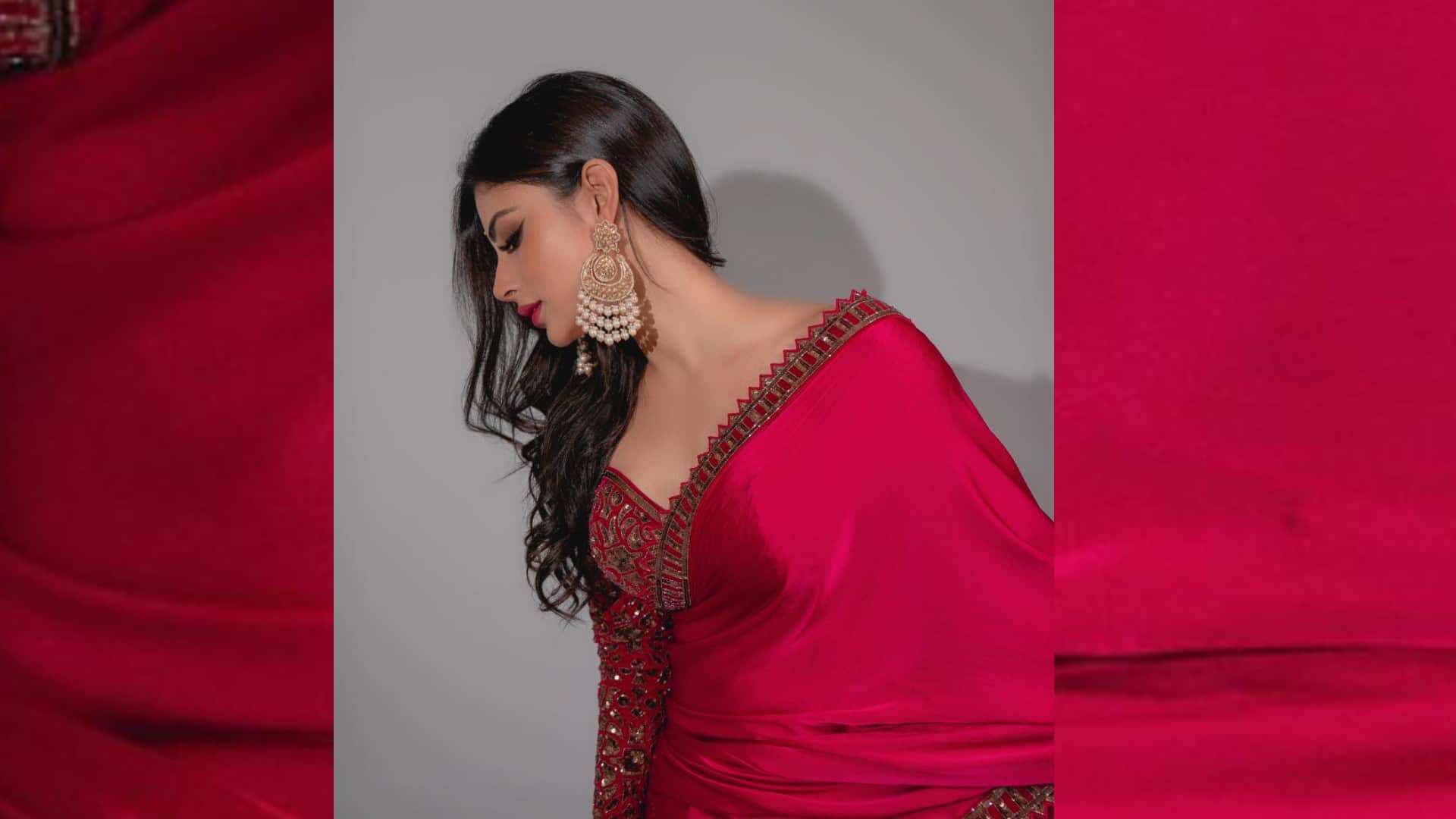 Mouni Roy Looks Gorgeous in Red Satin Saree Worth Rs 45500 See Latest Photos