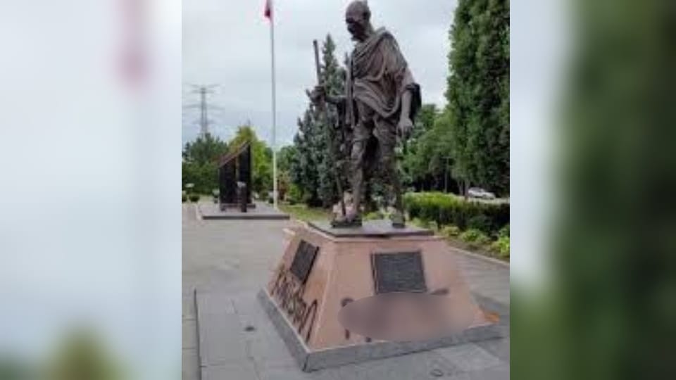 Bad Slogans written on Statue of Mahatma Gandhi in Richmond Hill of Canada