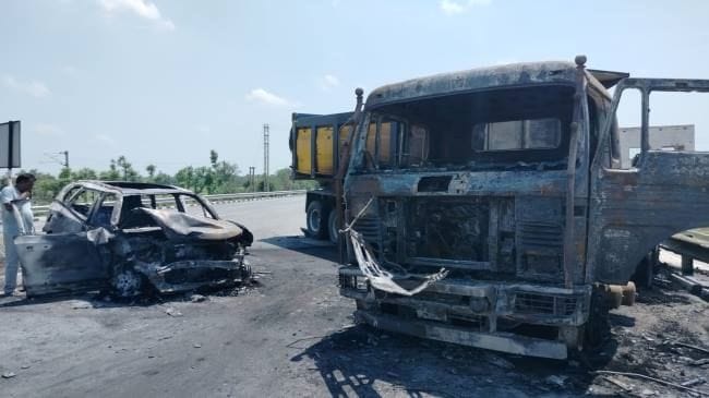 Trolla and car collide, both vehicles caught fire, seven scorched