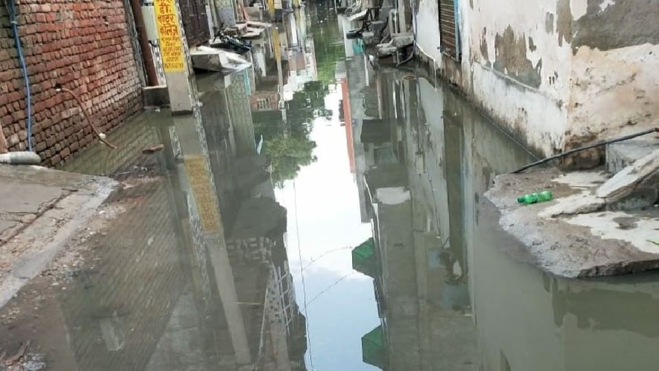 Waterlogging on roads and sewer overflow due to rain in agra