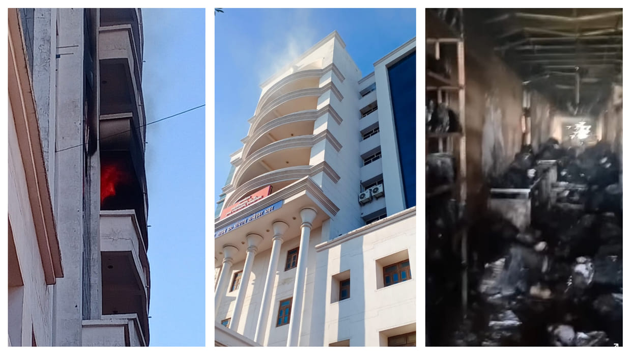 Massive fire breaks out in advocate general's office in front of high court, files of sixth, seventh district ashes, fire men on the spot