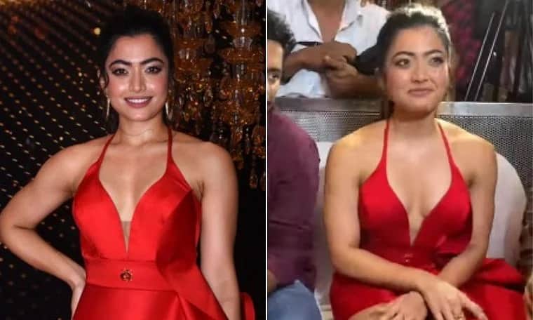Pushpa Movie Actress Rashmika Mandanna trolled for his Red thigh high slit dress