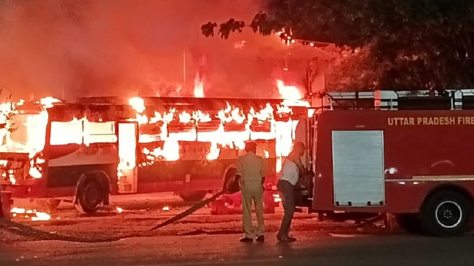 Roadways bus caught fire while filling gas at CNG pump in Bareilly